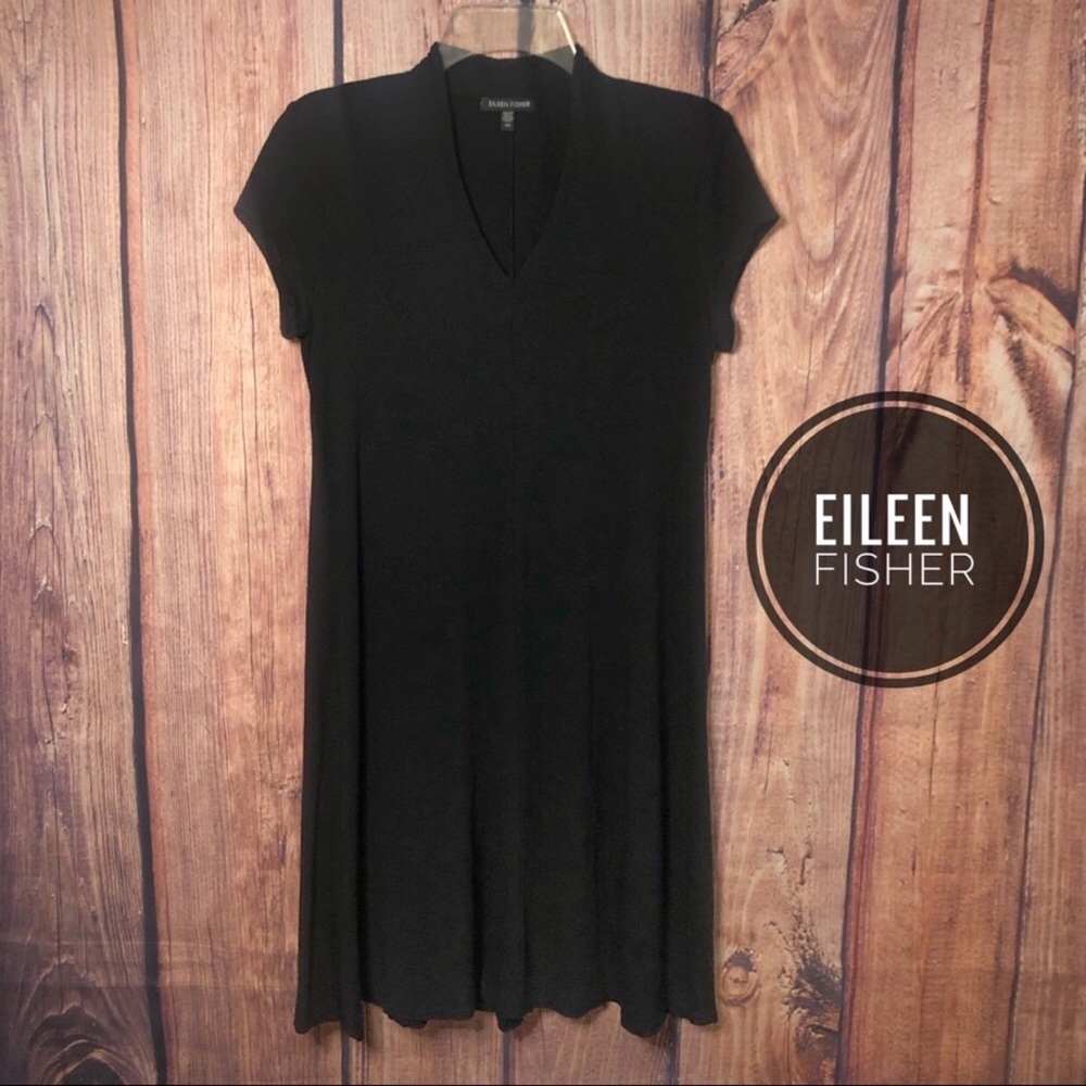 Eileen Fisher Cap-Sleeve Black V-Neck Dress